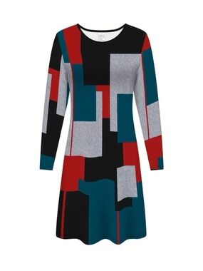 Geometric Block Long-Sleeve A-Line Dress - Black/Red/Teal